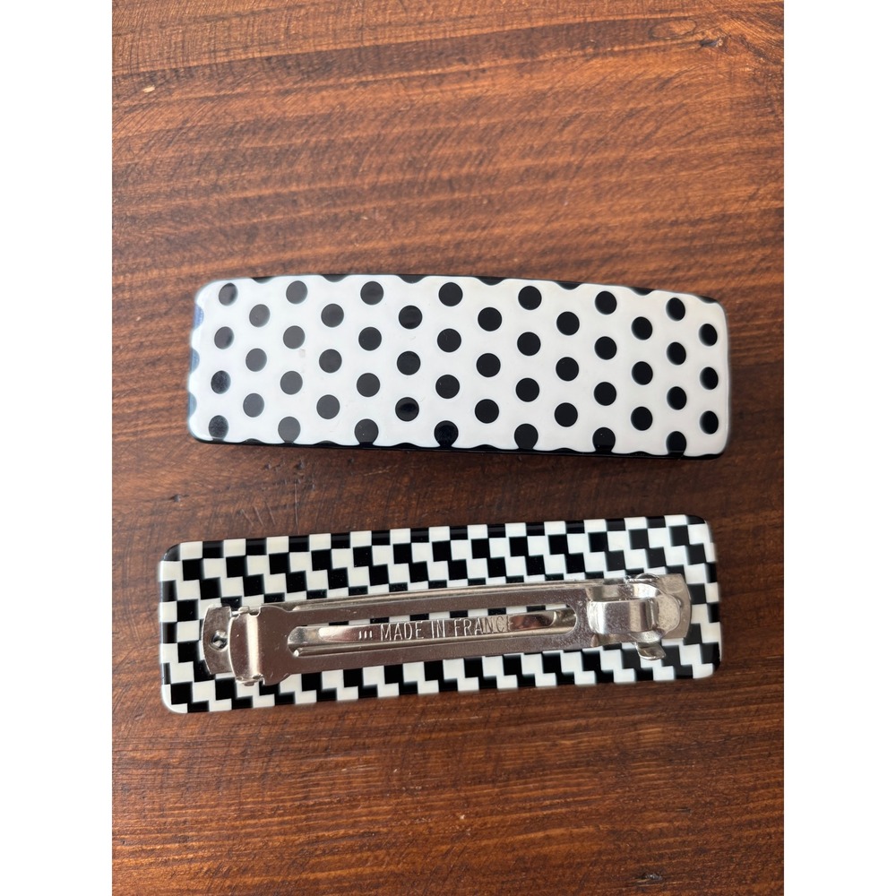 2pc Vintage Made in France Hair Barrette Set Black White Polka Dot Checker Clip